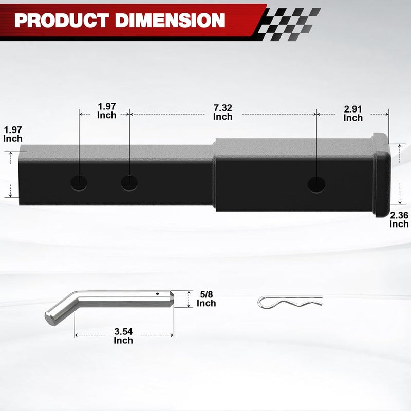 longsen Hitch Extender 2 Inch - Adjustable Trailer Hitch Extension 7.3" - 9.3", 5000 lbs GTW, Includes Hitch Pin, Clip - Image 2